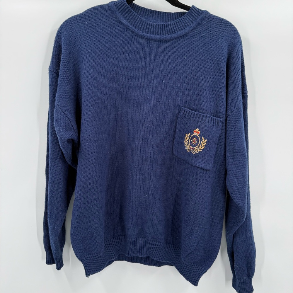 Navy Blue Crewneck Sweater with Embroidered Emblem